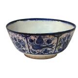 MB -Antique Persian Blue and White Glazed Ceramic Bowl with Floral and Bird Design