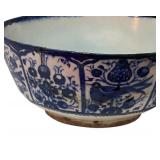 MB -Antique Persian Blue and White Glazed Ceramic Bowl with Floral and Bird Design