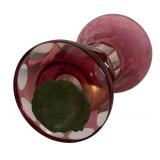 MB - Vintage Ruby Cut to Clear Glass Vase with Etched Floral Design