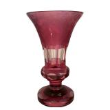 MB - Vintage Ruby Cut to Clear Glass Vase with Etched Floral Design