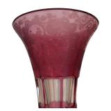MB - Vintage Ruby Cut to Clear Glass Vase with Etched Floral Design