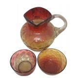 MB - Vintage Blown Glass Pitcher and Two Bowls Amberina Dot Pattern