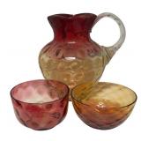 MB - Vintage Blown Glass Pitcher and Two Bowls Amberina Dot Pattern