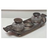 MB - Vintage Silver Plated Ink Well Stand with 2 Glass Bottles