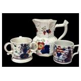 MB - Antique Gaudy Welsh Pottery Jug and Two Antique Gaudy Welsh Pottery Mugs