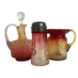 MB - Antique Amberina Glass Cruet, Shaker, and Pitcher