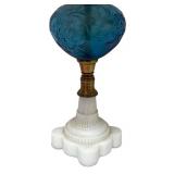 MB - Vintage Blue Glass Table Lamp with Bird Finial and White Shade