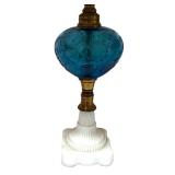 MB - Vintage Blue Glass Table Lamp with Bird Finial and White Shade