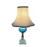 MB - Vintage Blue Glass Table Lamp with Bird Finial and White Shade
