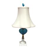 MB - Vintage Blue Glass Table Lamp with Bird Finial and White Shade