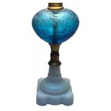 MB - Vintage Blue Glass Table Lamp with Bird Finial and White Shade