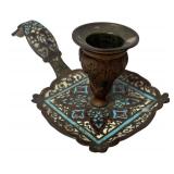 MB - Vintage Enamel and Brass Candle Holder with Ornate Handle