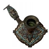 MB - Vintage Enamel and Brass Candle Holder with Ornate Handle