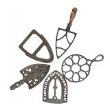 MB - Collection of 5 Vintage Cast Iron Trivets with Various Designs
