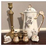 MB - Vintage Brass Candle Holder, Antique Porcelain Fairing Box, Figurine Opera Glasses and More