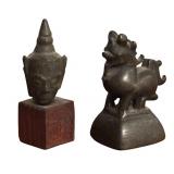 MB - Antique Burmese Bronze Weight and Southeast Bronze Buddha Head Sculpture