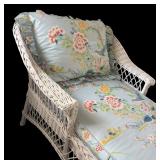 BR - Vintage White Wicker Lounge Chair with Floral Cushions
