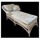 BR - Vintage White Wicker Lounge Chair with Floral Cushions