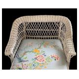 BR - Vintage White Wicker Lounge Chair with Floral Cushions