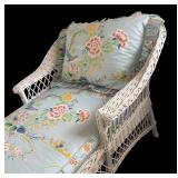 BR - Vintage White Wicker Lounge Chair with Floral Cushions