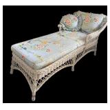 BR - Vintage White Wicker Lounge Chair with Floral Cushions