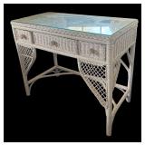 BR - Vintage White Wicker Desk with Glass Top and Chair