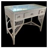 BR - Vintage White Wicker Desk with Glass Top and Chair