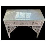BR - Vintage White Wicker Desk with Glass Top and Chair