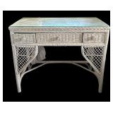 BR - Vintage White Wicker Desk with Glass Top and Chair