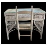 BR - Vintage White Wicker Desk with Glass Top and Chair