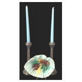 BR - Vintage Silver Candleholders and Majolica Leaf Dish
