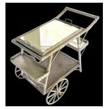 P - Vintage White Wicker Serving Cart with Glass Top