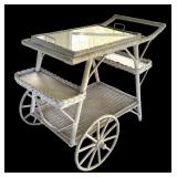 P - Vintage White Wicker Serving Cart with Glass Top