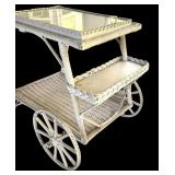 P - Vintage White Wicker Serving Cart with Glass Top