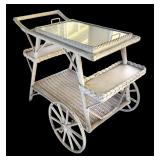 P - Vintage White Wicker Serving Cart with Glass Top