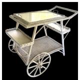 P - Vintage White Wicker Serving Cart with Glass Top