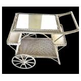 P - Vintage White Wicker Serving Cart with Glass Top