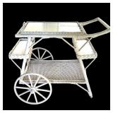 P - Vintage White Wicker Serving Cart with Glass Top