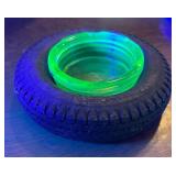 P - Vintage Kelly-Springfield Uranium Glass Tire Ashtray
