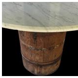 P - Vintage Marble Top Round Table with Wooden Barrel Base