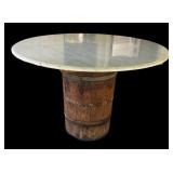 P - Vintage Marble Top Round Table with Wooden Barrel Base