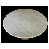 P - Vintage Marble Top Round Table with Wooden Barrel Base