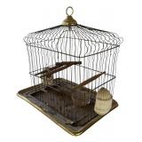 P - Vintage Metal Bird Cage with Brass Accents and Feeders