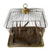 P - Vintage Metal Bird Cage with Brass Accents and Feeders