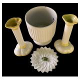 P - Pretty Porcelain Decor Lot: 2 Candle Holders, Leaf Frog Dish, and Planter Pot