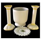 P - Pretty Porcelain Decor Lot: 2 Candle Holders, Leaf Frog Dish, and Planter Pot