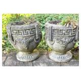 O - Pair of Cement Planter Pots with Greek Key Design