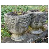 O - Pair of Cement Planter Pots with Greek Key Design