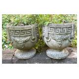 O - Pair of Cement Planter Pots with Greek Key Design