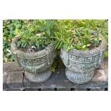 O - Pair of Cement Planter Pots with Greek Key Design